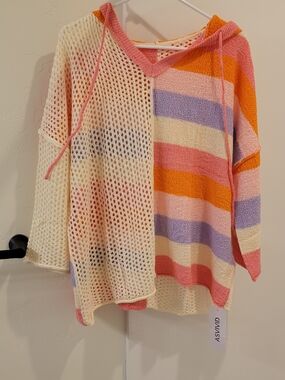 Striped Pastel Open-Knit Hoodie Sweater